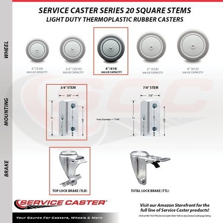 Service Caster 4 Inch Thermoplastic Rubber Swivel 3/4 Inch Square Stem Caster Set with Brake SCC-SQ20S414-TPRB-TLB-34-4